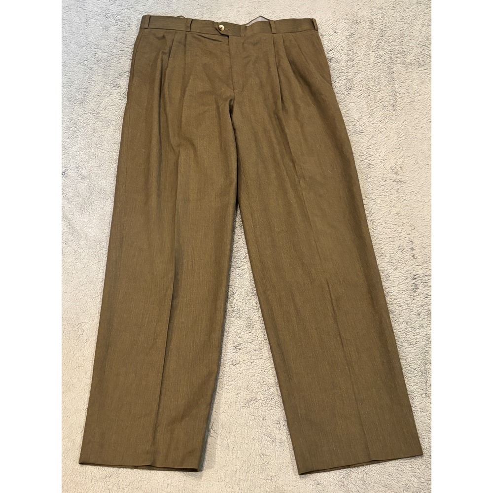 Jaymar Mens Pleated Pure Wool Dress Pants Olive Brown 36x32 High Rise Trousers